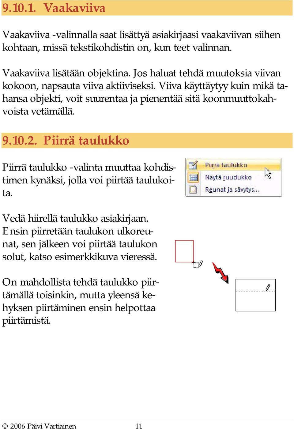 Piirrä taulukko Piirrä taulukko -valinta muuttaa kohdistimen kynäksi, jolla voi piirtää taulukoita. Vedä hiirellä taulukko asiakirjaan.