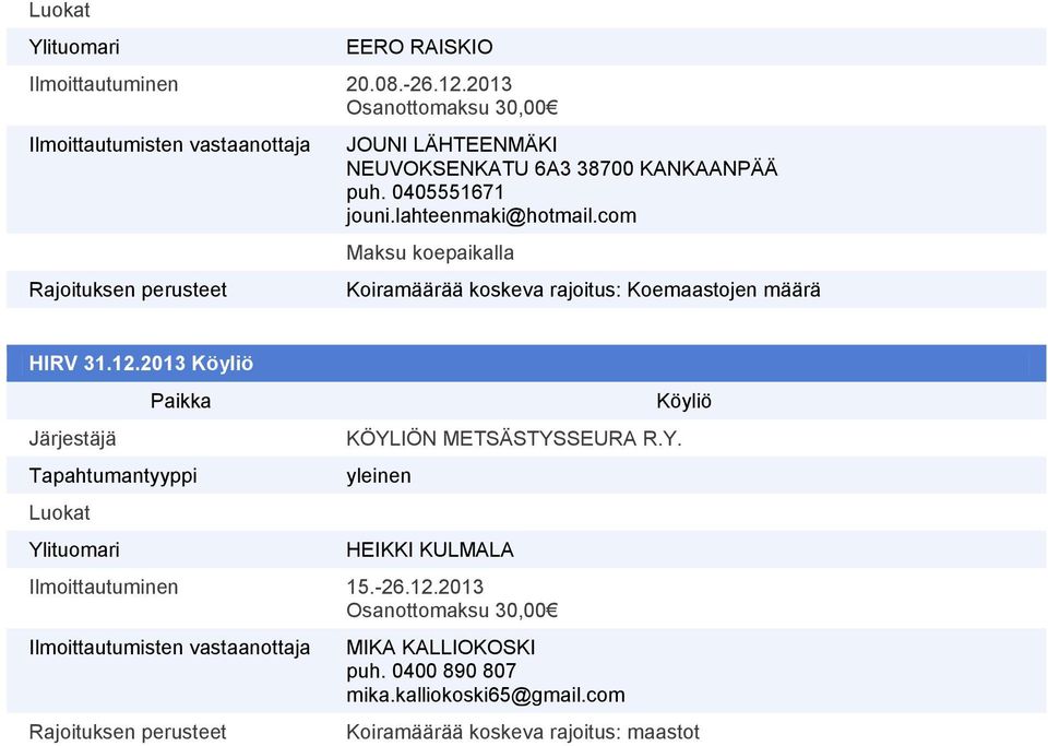 lahteenmaki@hotmail.com Maksu koepaikalla : Koemaastojen määrä HIRV 31.12.