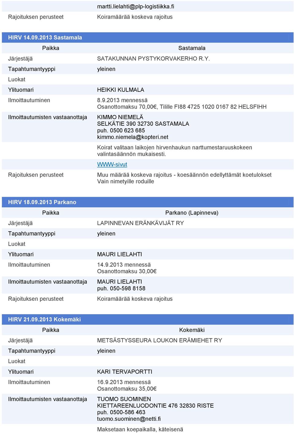 WWW-sivut Muu määrää koskeva rajoitus - koesäännön edellyttämät koetulokset Vain nimetyille roduille HIRV 18.09.2013 Parkano LAPINNEVAN ERÄNKÄVIJÄT RY MAURI LIELAHTI 14.9.2013 mennessä MAURI LIELAHTI puh.