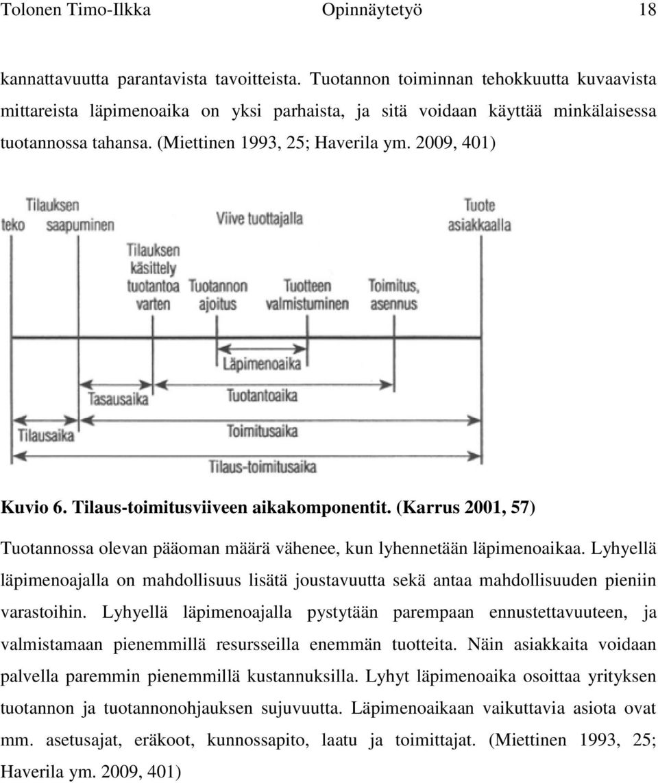 Tilaus-toimitusviiveen aikakomponentit. (Karrus 2001, 57) Tuotannossa olevan pääoman määrä vähenee, kun lyhennetään läpimenoaikaa.