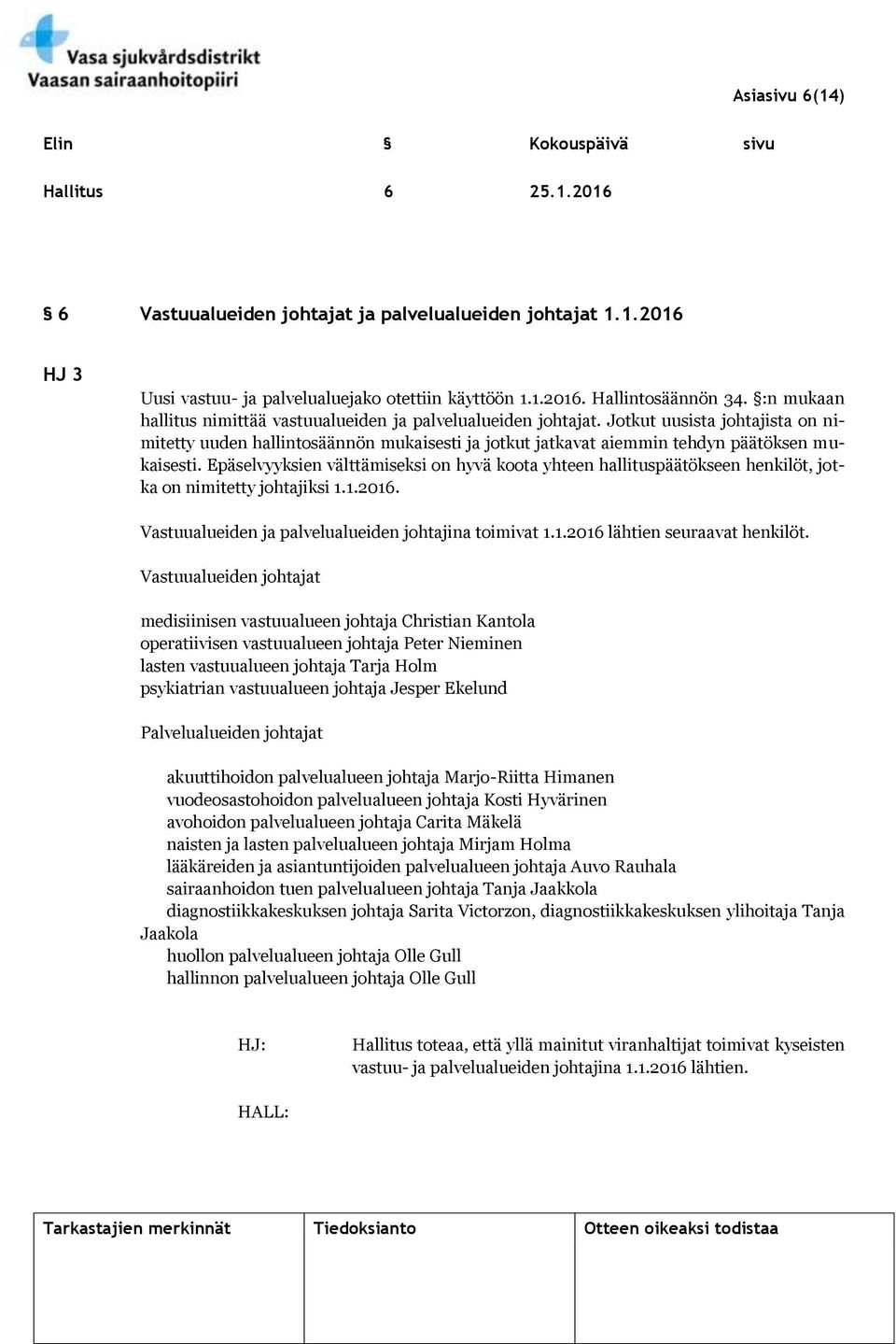 Epäselvyyksien välttämiseksi on hyvä koota yhteen hallituspäätökseen henkilöt, jotka on nimitetty johtajiksi 1.1.2016. Vastuualueiden ja palvelualueiden johtajina toimivat 1.1.2016 lähtien seuraavat henkilöt.