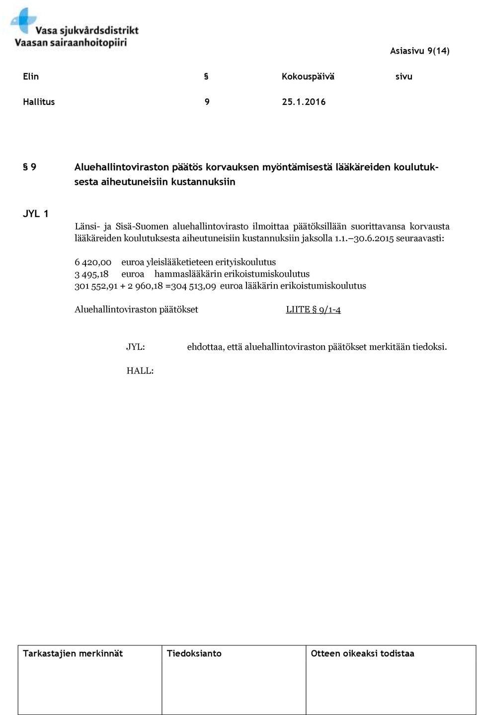 2016 9 Aluehallintoviraston päätös korvauksen myöntämisestä lääkäreiden koulutuksesta aiheutuneisiin kustannuksiin JYL 1 Länsi- ja Sisä-Suomen