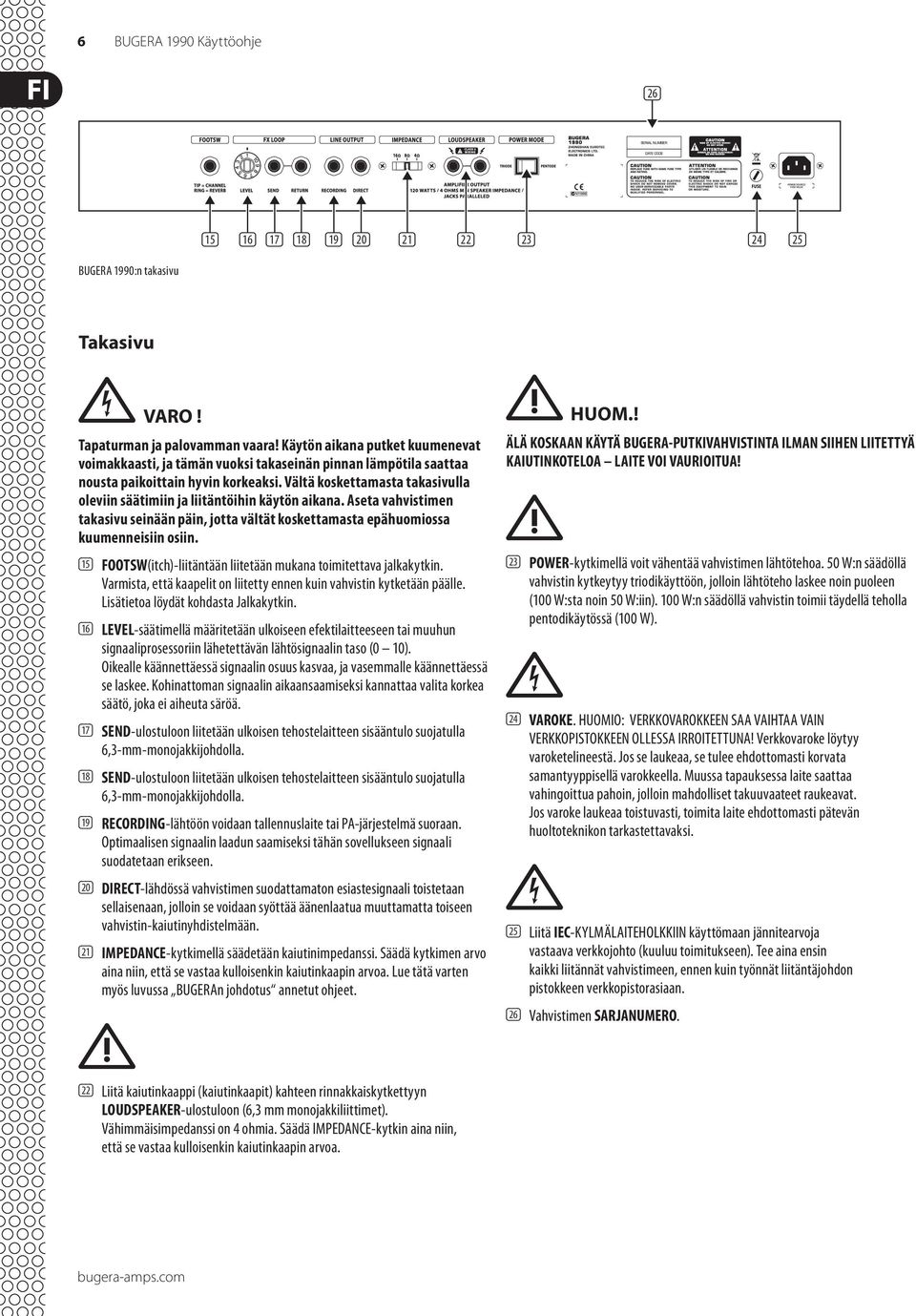 Vältä koskettamasta takasivulla oleviin säätimiin ja liitäntöihin käytön aikana. Aseta vahvistimen takasivu seinään päin, jotta vältät koskettamasta epähuomiossa kuumenneisiin osiin.