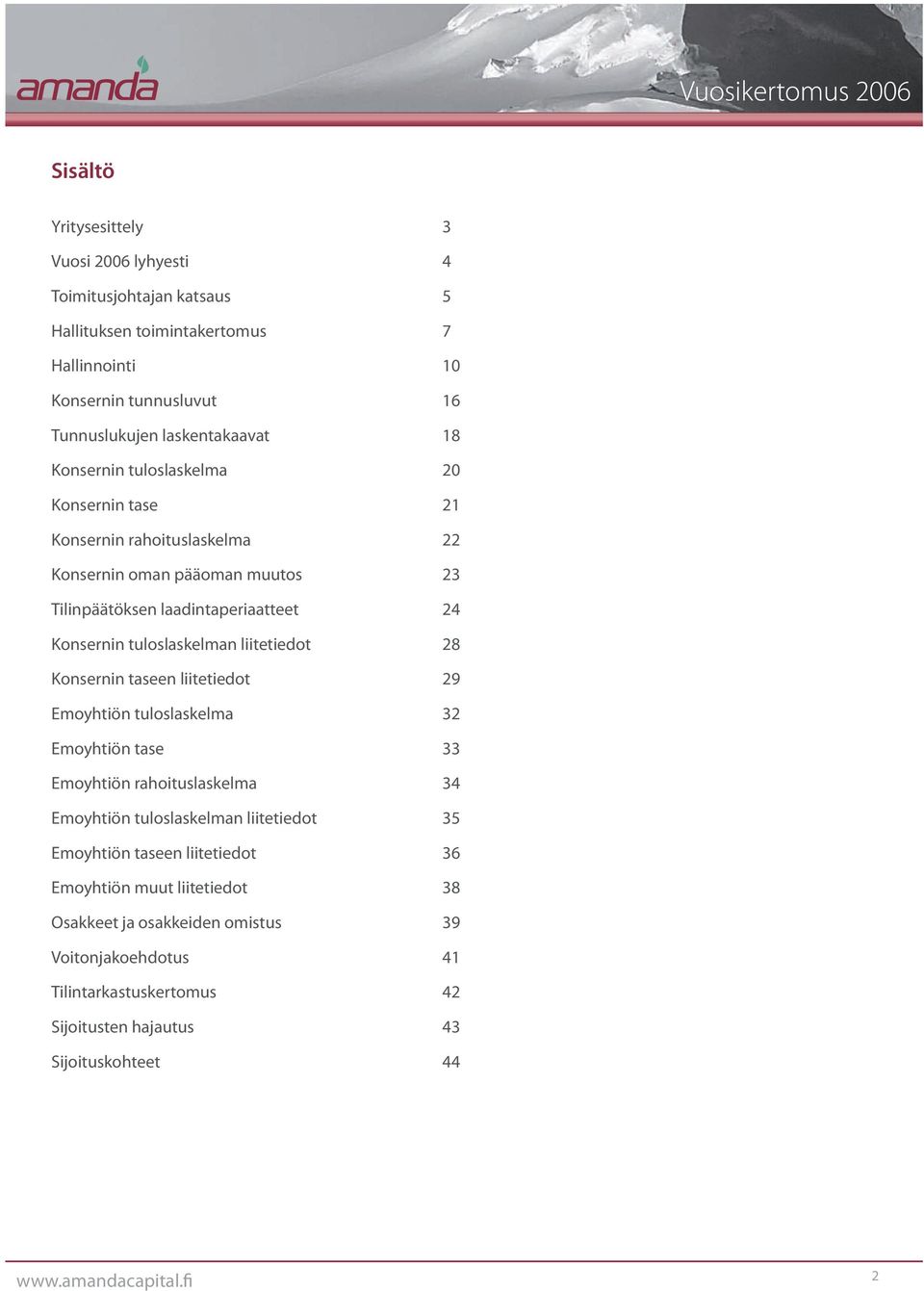 liitetiedot Emoyhtiön tuloslaskelma Emoyhtiön tase Emoyhtiön rahoituslaskelma Emoyhtiön tuloslaskelman liitetiedot Emoyhtiön taseen liitetiedot Emoyhtiön muut liitetiedot Osakkeet