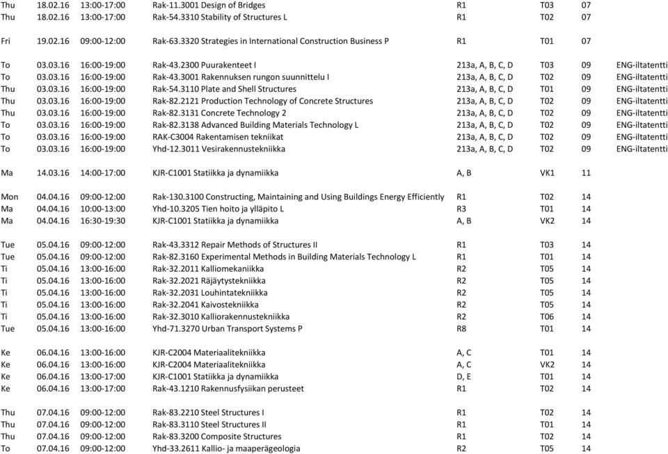 03.16 16:00-19:00 Rak-54.3110 Plate and Shell Structures 213a, A, B, C, D T01 09 ENG-iltatentti Thu 03.03.16 16:00-19:00 Rak-82.