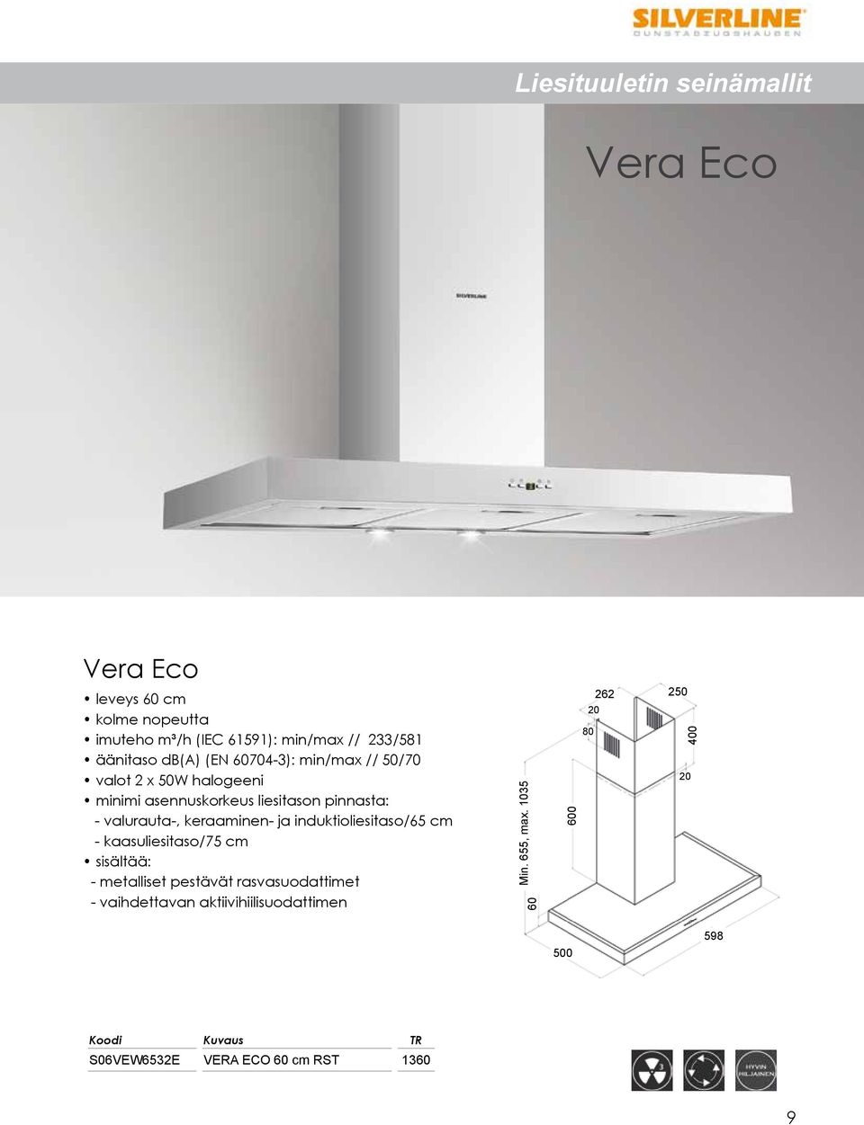 50W halogeeni - valurauta-, keraaminen- ja induktioliesitaso/65 cm - kaasuliesitaso/75