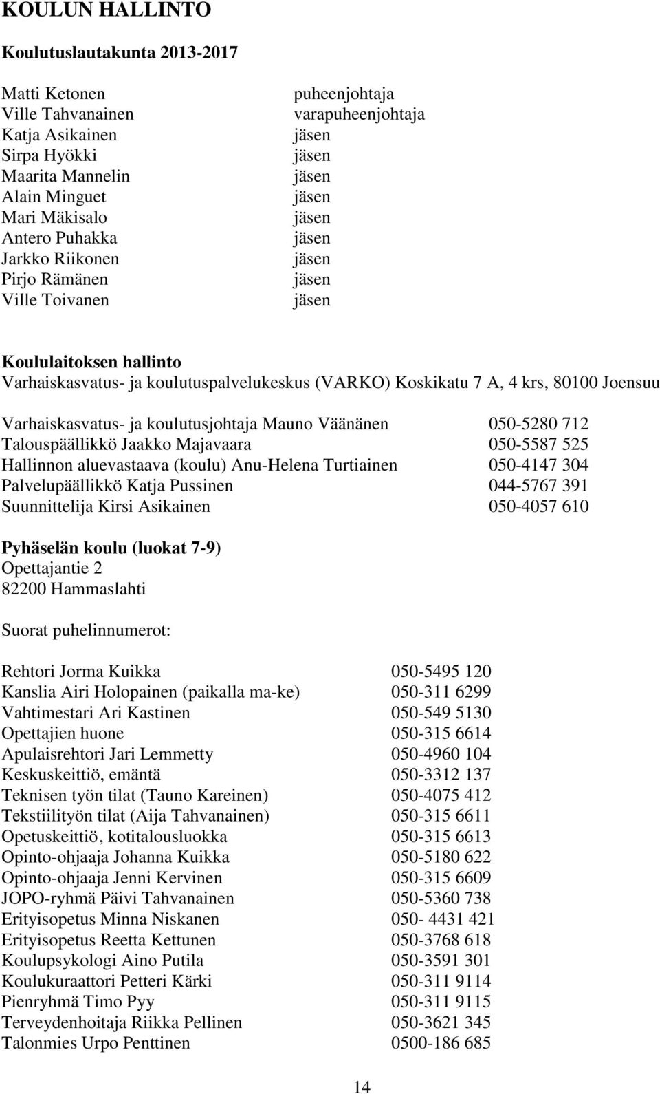 80100 Joensuu Varhaiskasvatus- ja koulutusjohtaja Mauno Väänänen 050-5280 712 Talouspäällikkö Jaakko Majavaara 050-5587 525 Hallinnon aluevastaava (koulu) Anu-Helena Turtiainen 050-4147 304