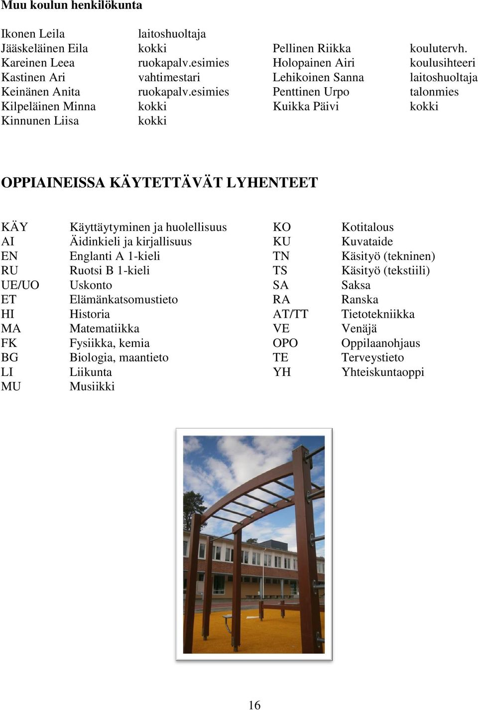 koulusihteeri laitoshuoltaja talonmies kokki OPPIAINEISSA KÄYTETTÄVÄT LYHENTEET KÄY AI EN RU UE/UO ET HI MA FK BG LI MU Käyttäytyminen ja huolellisuus Äidinkieli ja kirjallisuus Englanti A 1-kieli