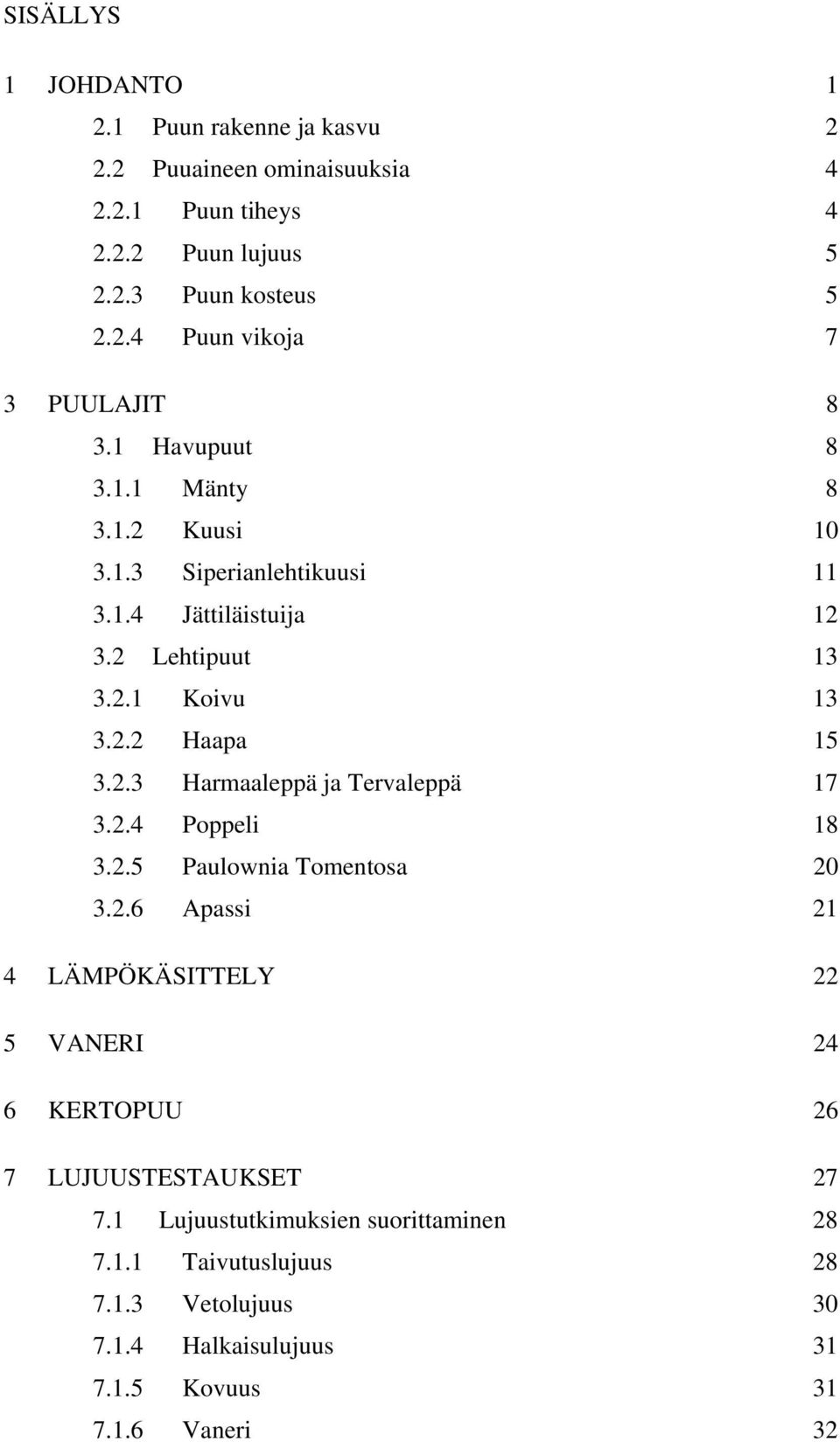 2.4 Poppel 18 3.2.5 Paulowna Tomentosa 20 3.2.6 Apass 21 4 LÄMPÖKÄSITTELY 22 5 VANERI 24 6 KERTOPUU 26 7 LUJUUSTESTAUKSET 27 7.