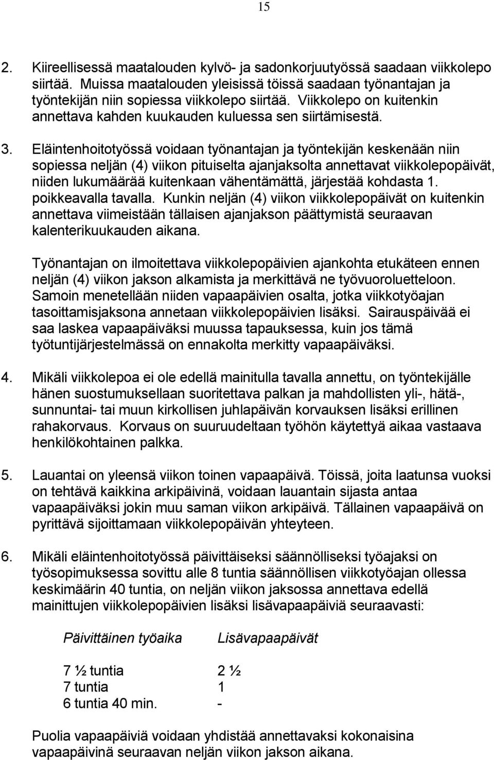 Eläintenhoitotyössä voidaan työnantajan ja työntekijän keskenään niin sopiessa neljän (4) viikon pituiselta ajanjaksolta annettavat viikkolepopäivät, niiden lukumäärää kuitenkaan vähentämättä,