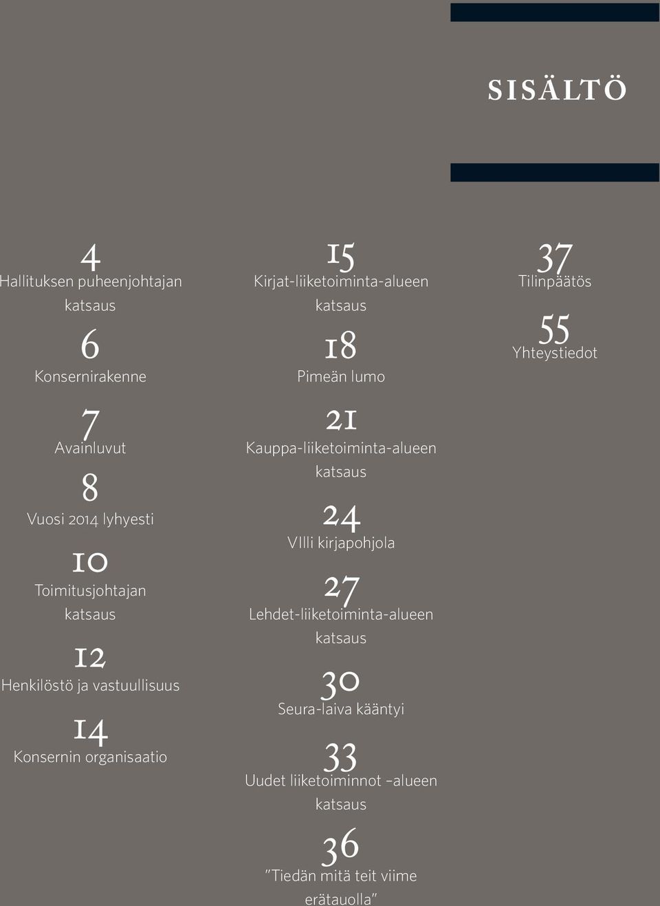 katsaus 18 Pimeän lumo 21 Kauppa-liiketoiminta-alueen katsaus 24 VIlli kirjapohjola 27 Lehdet-liiketoiminta-alueen