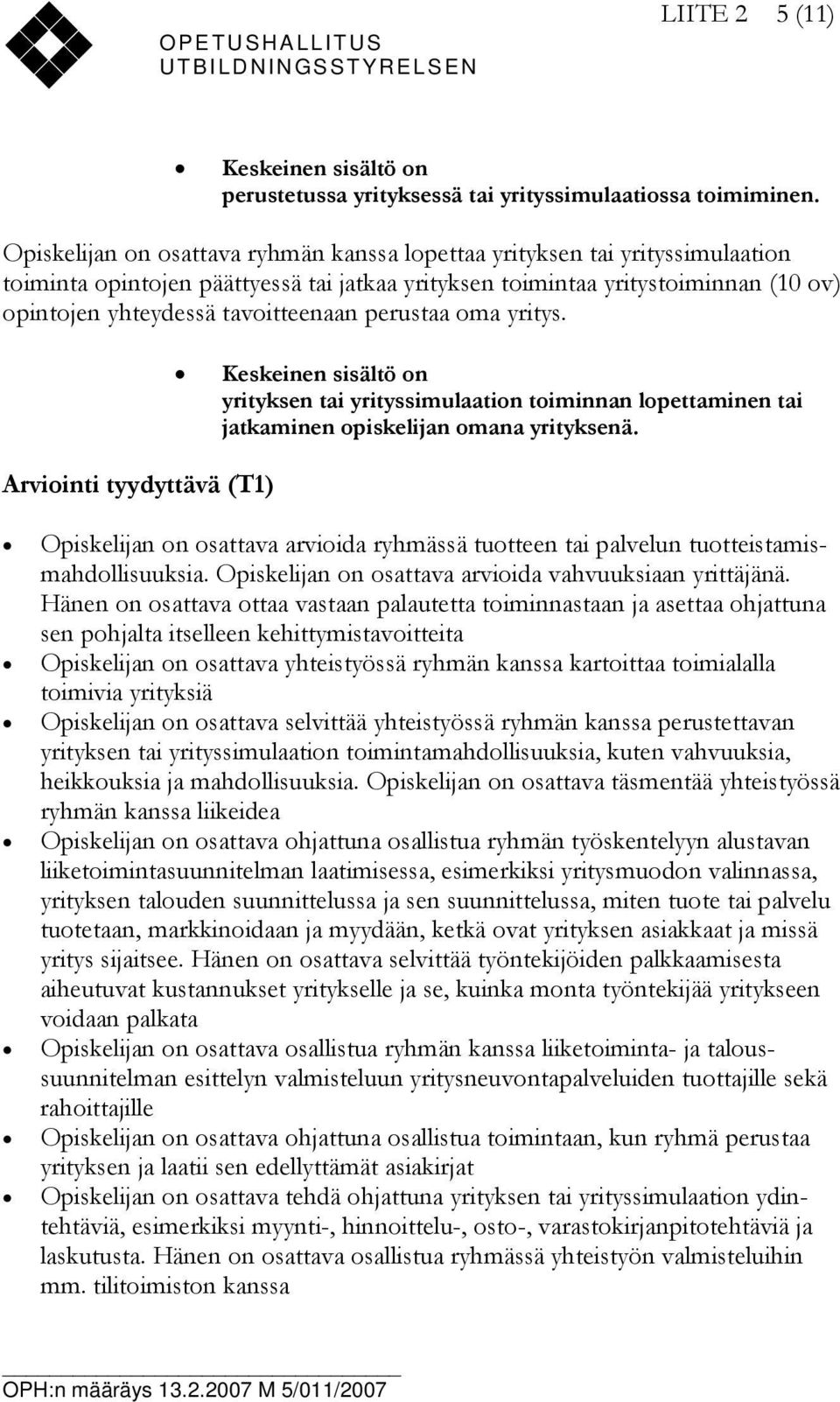 perustaa oma yritys. Arviointi tyydyttävä (T1) yrityksen tai yrityssimulaation toiminnan lopettaminen tai jatkaminen opiskelijan omana yrityksenä.