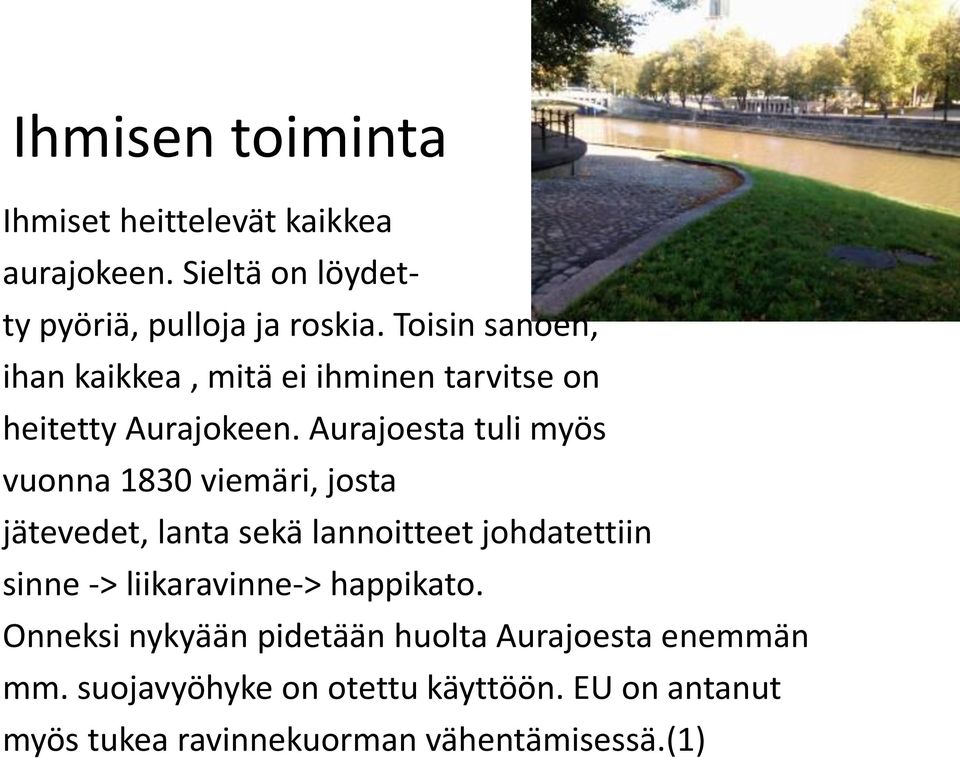 Aurajoesta tuli myös vuonna 1830 viemäri, josta jätevedet, lanta sekä lannoitteet johdatettiin sinne ->