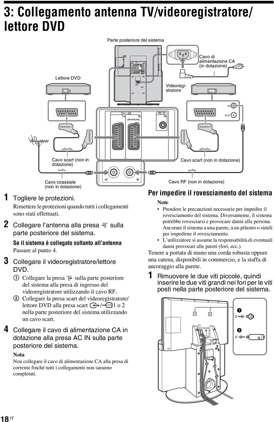 2 Collegare l antenna alla presa sulla parte posteriore del sistema. Se il sistema è collegato soltanto all antenna Passare al punto 4. 3 Collegare il videoregistratore/lettore DVD.