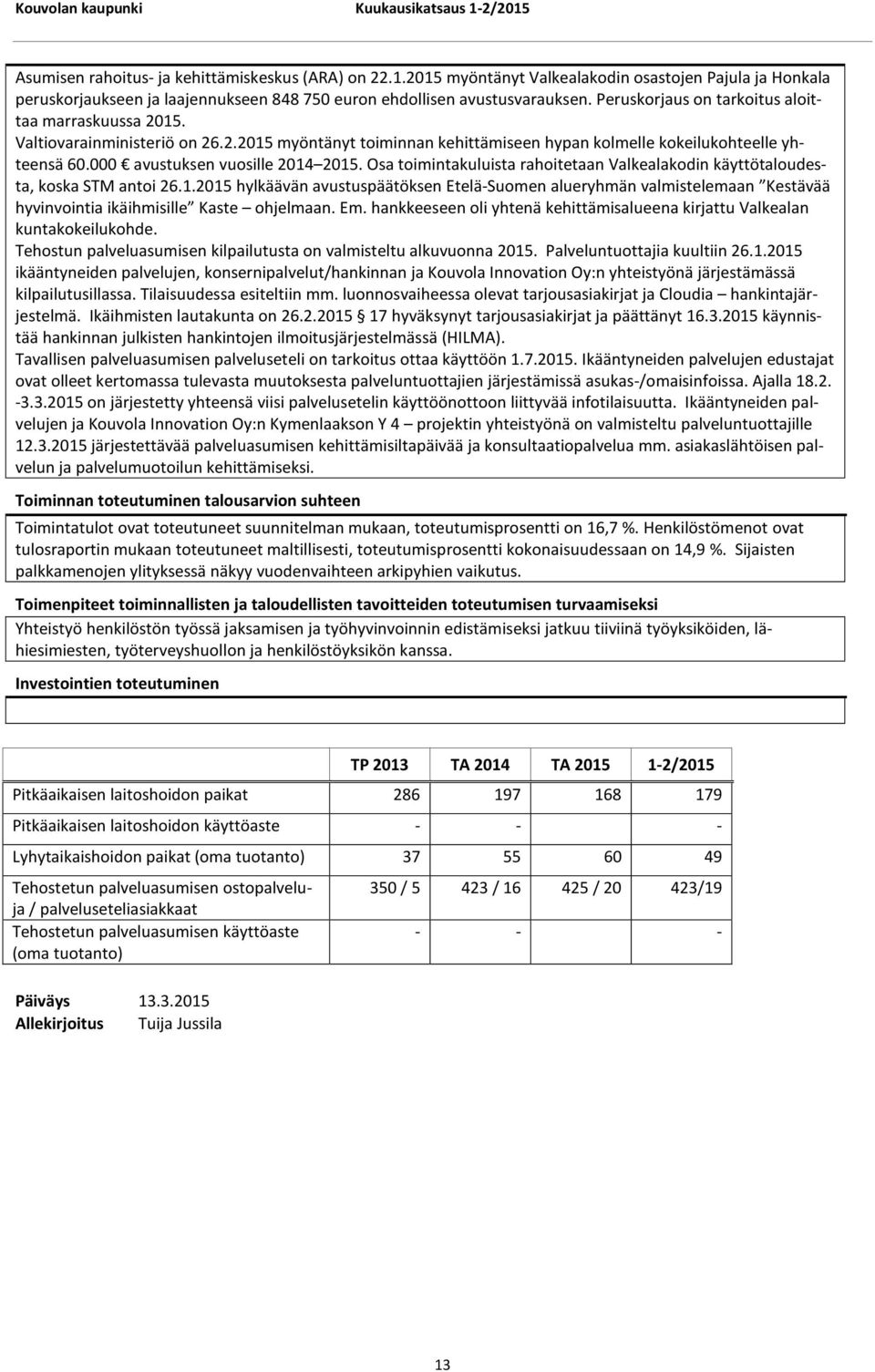 Osa toimintakuluista rahoitetaan Valkealakodin käyttötaloudesta, koska STM antoi 26.1.