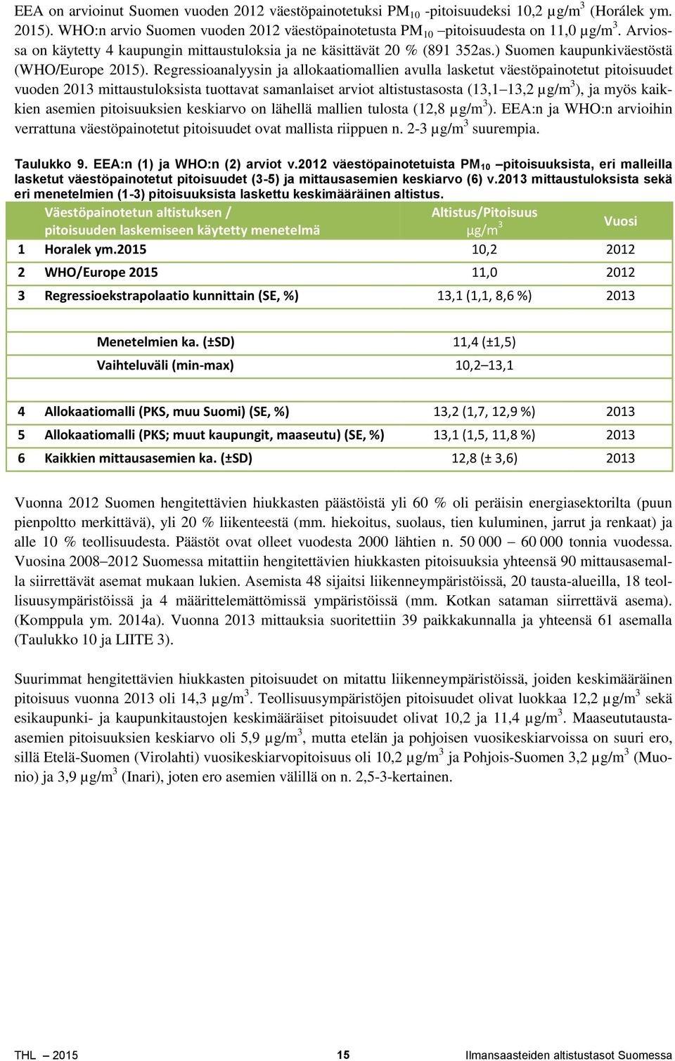 Regressioanalyysin ja allokaatiomallien avulla lasketut väestöpainotetut pitoisuudet vuoden 2013 mittaustuloksista tuottavat samanlaiset arviot altistustasosta (13,1 13,2 ), ja myös kaikkien asemien