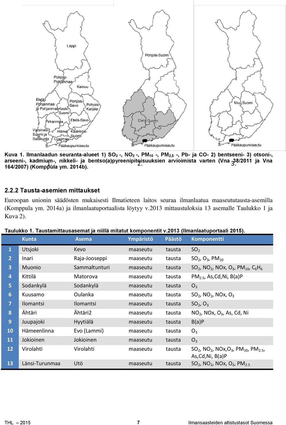 Vna 164/2007) (Komppula ym. 2014b). 2.2.2 Tausta-asemien mittaukset Euroopan unionin säädösten mukaisesti Ilmatieteen laitos seuraa ilmanlaatua maaseututausta-asemilla (Komppula ym.