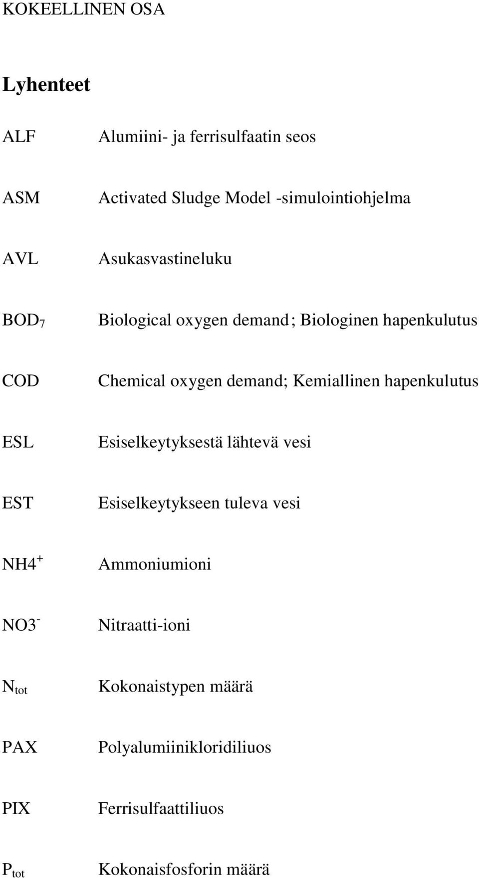 Kemiallinen hapenkulutus ESL Esiselkeytyksestä lähtevä vesi EST Esiselkeytykseen tuleva vesi NH4 + Ammoniumioni