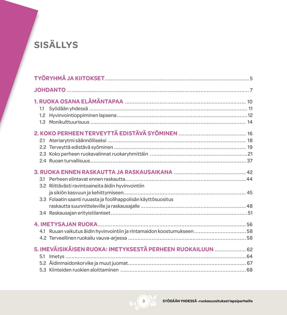 .. 37 3. Ruoka ennen raskautta ja raskausaikana... 42 3.1 Perheen elintavat ennen raskautta...44 3.2 Riittävästi ravintoaineita äidin hyvinvointiin ja sikiön kasvuun ja kehittymiseen... 45 3.