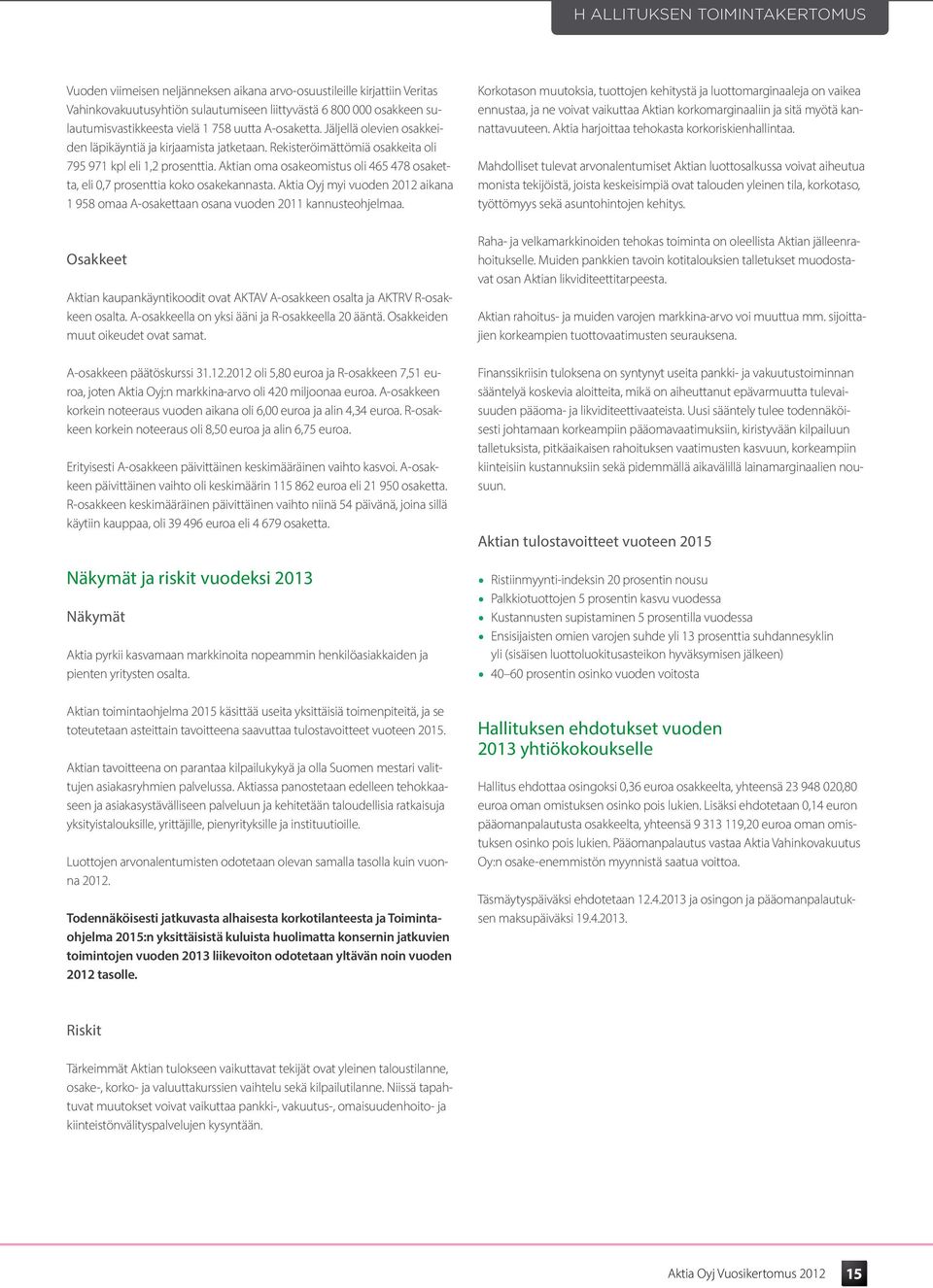 Aktian oma osakeomistus oli 465 478 osaketta, eli 0,7 prosenttia koko osakekannasta. Aktia Oyj myi vuoden 2012 aikana 1 958 omaa A-osakettaan osana vuoden 2011 kannusteohjelmaa.