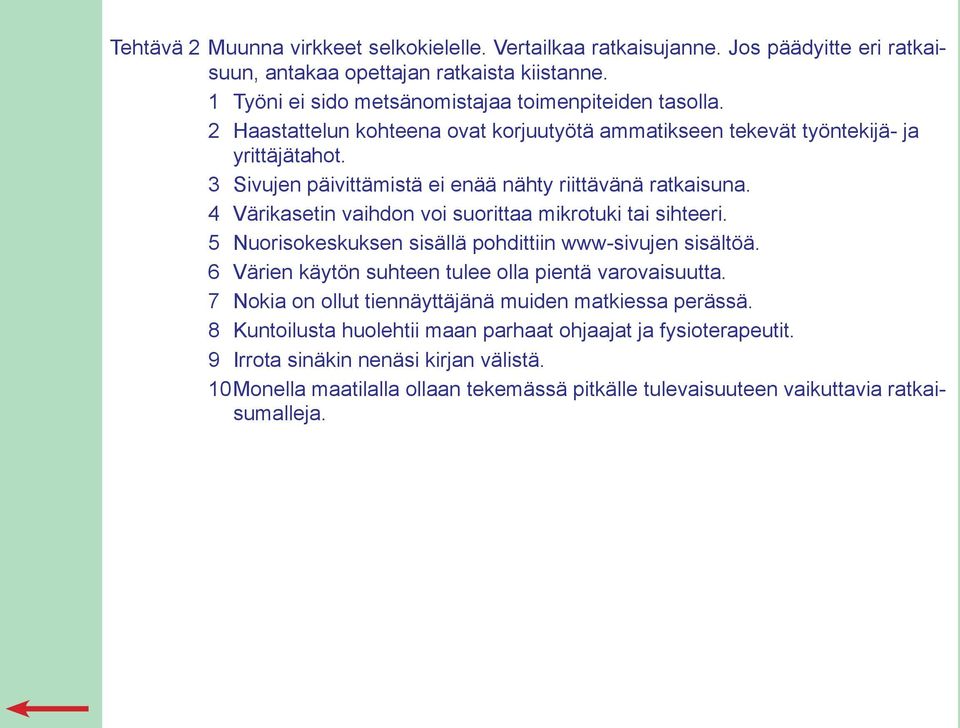 4 Värikasetin vaihdon voi suorittaa mikrotuki tai sihteeri. 5 Nuorisokeskuksen sisällä pohdittiin www-sivujen sisältöä. 6 Värien käytön suhteen tulee olla pientä varovaisuutta.