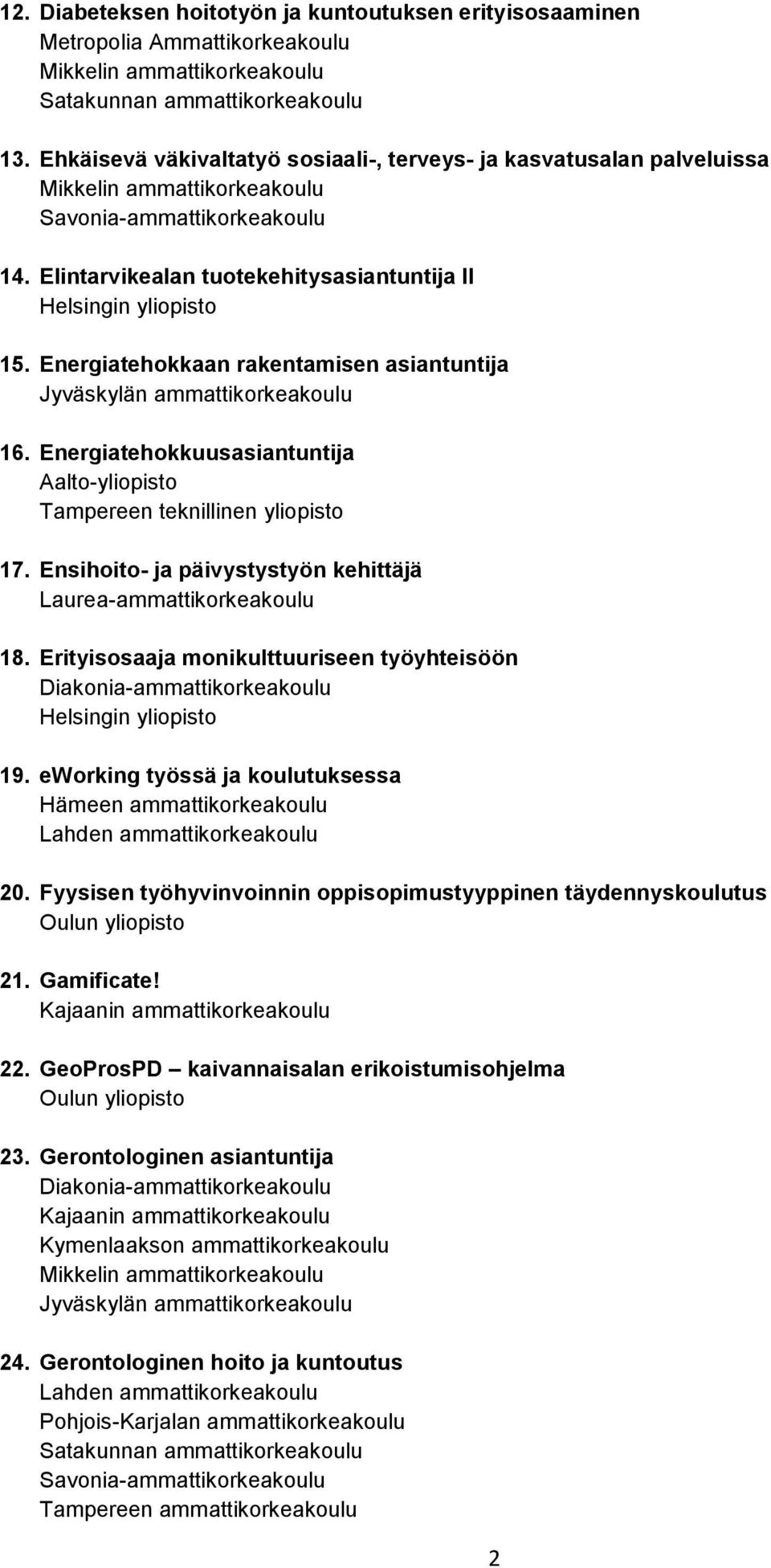 Erityisosaaja monikulttuuriseen työyhteisöön 19. eworking työssä ja koulutuksessa 20. Fyysisen työhyvinvoinnin oppisopimustyyppinen täydennyskoulutus 21. Gamificate!