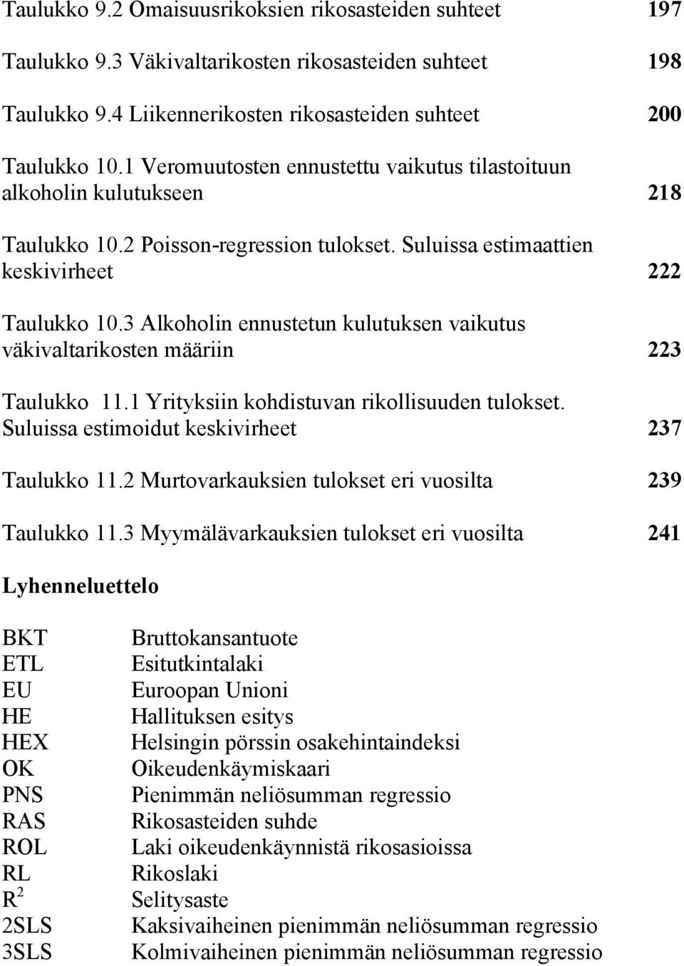 3 Alkoholin ennustetun kulutuksen vaikutus väkivaltarikosten määriin 223 Taulukko 11.1 Yrityksiin kohdistuvan rikollisuuden tulokset. Suluissa estimoidut keskivirheet 237 Taulukko 11.