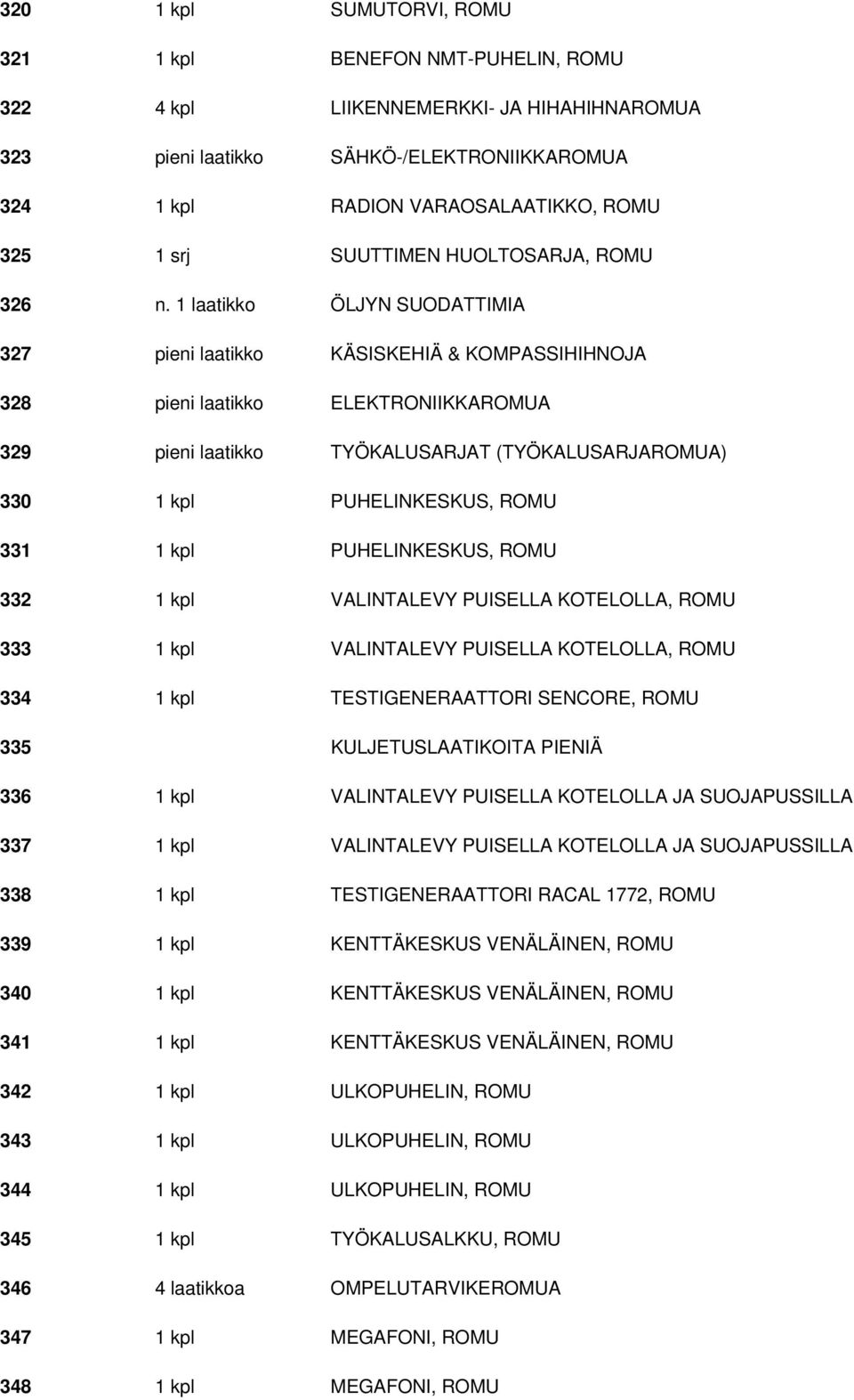 1 laatikko ÖLJYN SUODATTIMIA 327 pieni laatikko KÄSISKEHIÄ & KOMPASSIHIHNOJA 328 pieni laatikko ELEKTRONIIKKAROMUA 329 pieni laatikko TYÖKALUSARJAT (TYÖKALUSARJAROMUA) 330 1 kpl PUHELINKESKUS, ROMU