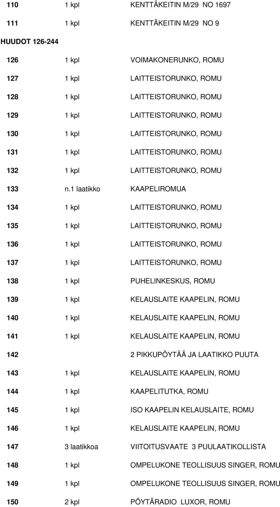 1 laatikko KAAPELIROMUA 134 1 kpl LAITTEISTORUNKO, ROMU 135 1 kpl LAITTEISTORUNKO, ROMU 136 1 kpl LAITTEISTORUNKO, ROMU 137 1 kpl LAITTEISTORUNKO, ROMU 138 1 kpl PUHELINKESKUS, ROMU 139 1 kpl