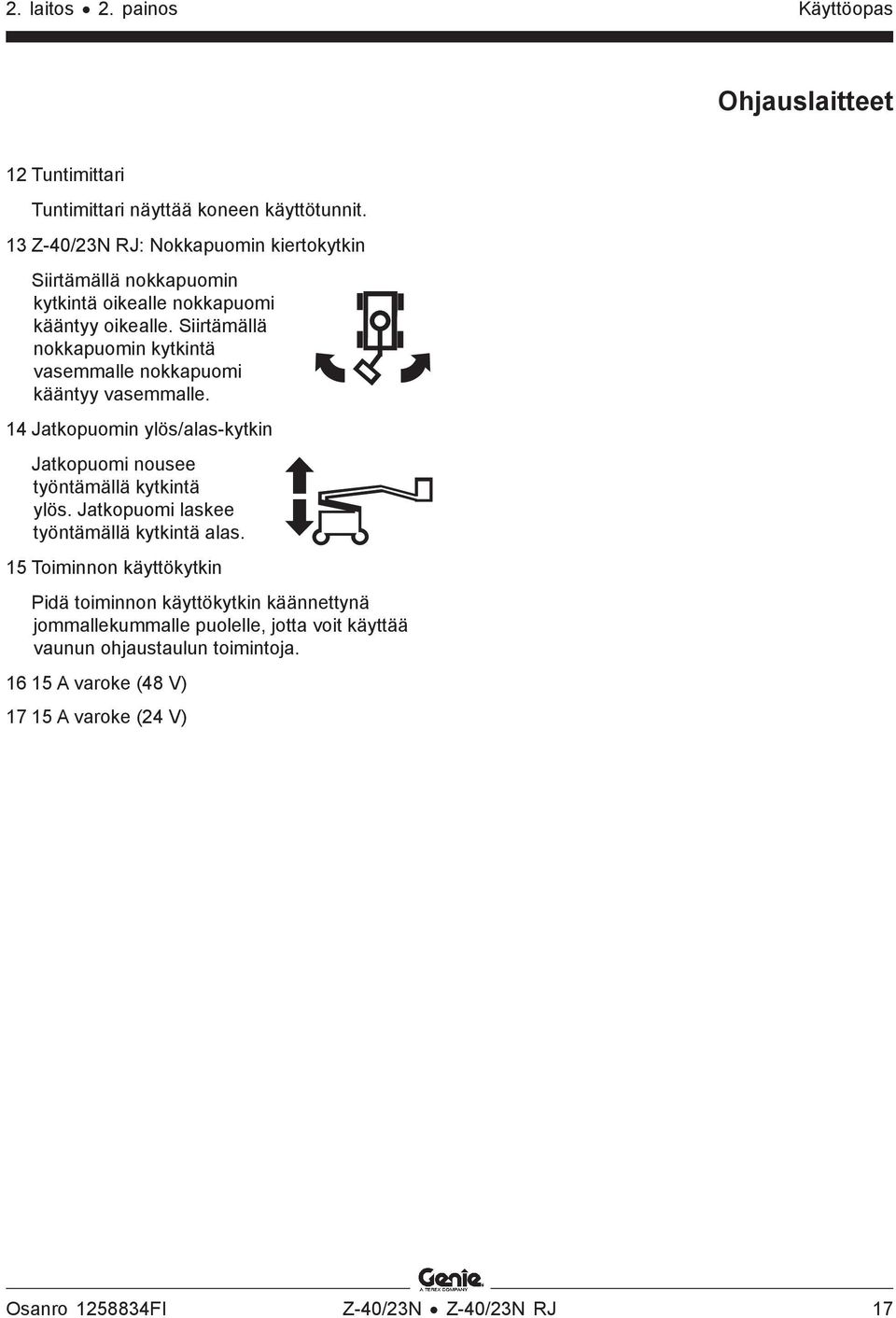 Siirtämällä nokkapuomin kytkintä vasemmalle nokkapuomi kääntyy vasemmalle. 14 Jatkopuomin ylös/alas-kytkin Jatkopuomi nousee työntämällä kytkintä ylös.