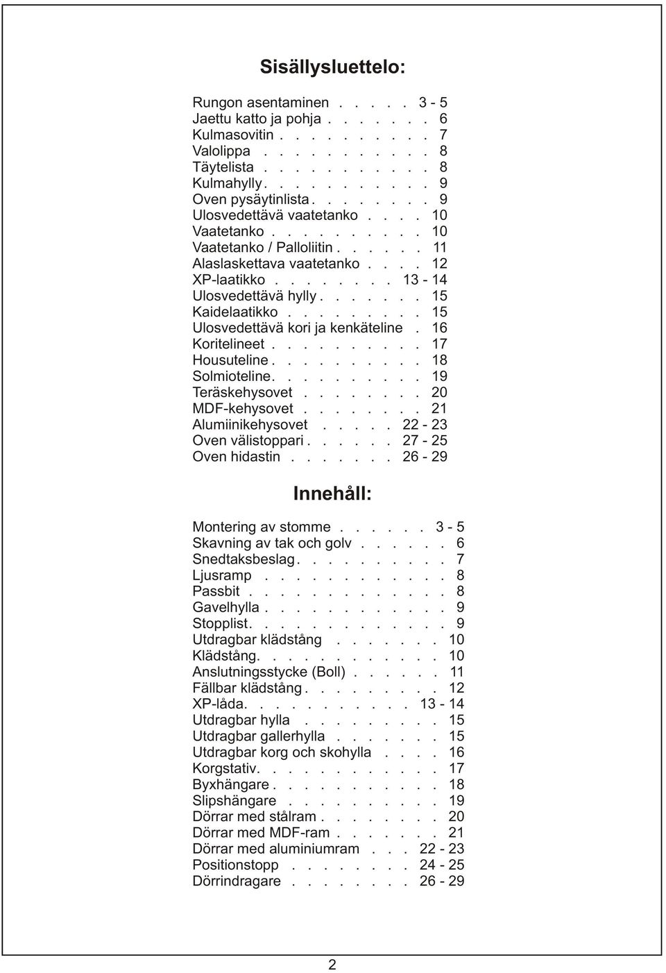 ........ 5 Ulosvedettävä kori ja kenkäteline. 6 Koritelineet.......... 7 Housuteline.......... 8 Solmioteline.......... 9 Teräskehysovet........ 20 MDF-kehysovet........ 2 Alumiinikehysovet.