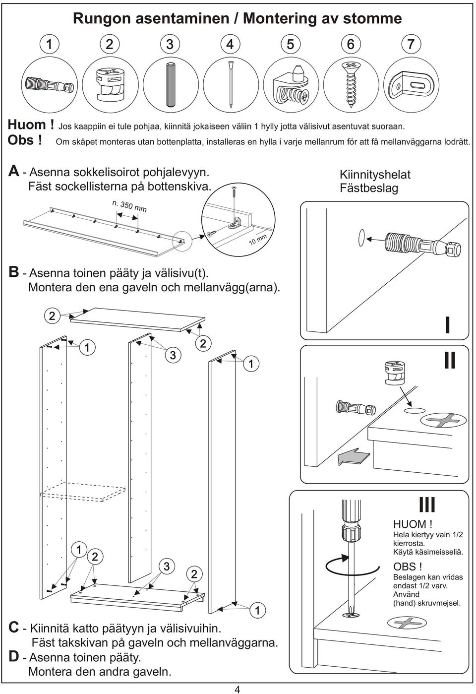 Kiinnityshelat Fästbeslag n. 350 mm 0 mm B - Asenna toinen pääty ja välisivu(t). Montera den ena gaveln och mellanvägg(arna). 2 3 2 I II 2 C - Kiinnitä katto päätyyn ja välisivuihin.