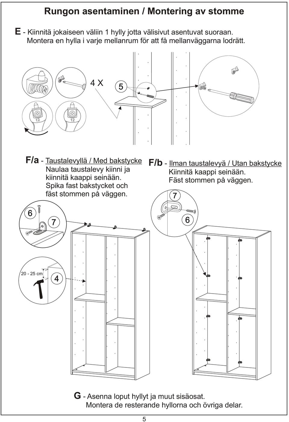 4 X 5 2 2 F/a - Taustalevyllä / Med bakstycke F/b - Ilman taustalevyä / Utan bakstycke Naulaa taustalevy kiinni ja Kiinnitä kaappi
