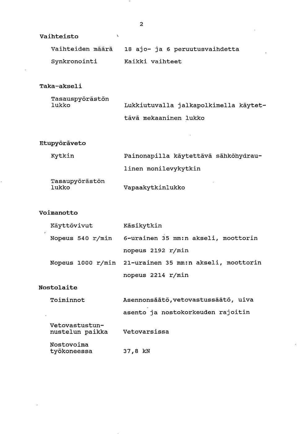 Käyttövivut Käsikytkin Nopeus 540 r/min 6-urainen 35 mm:n akseli, moottorin nopeus 2192 r/min Nopeus 1000 r/min 21-urainen 35 mm:n akseli, moottorin nopeus