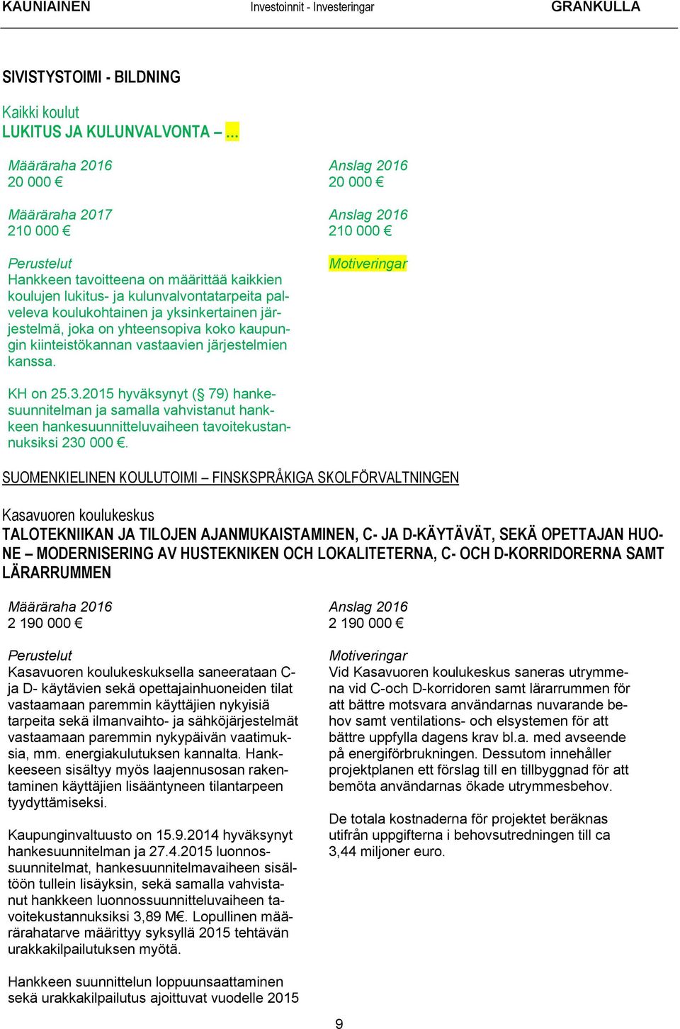 2015 hyväksynyt ( 79) hankesuunnitelman ja samalla vahvistanut hankkeen hankesuunnitteluvaiheen tavoitekustannuksiksi 230 000.