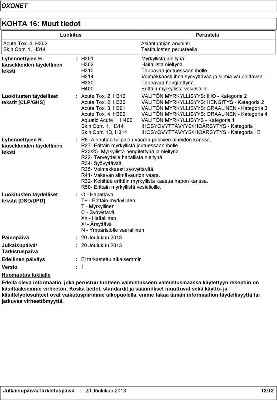 Painopäivä Julkaisupäivä/ Tarkistuspäivä Edellinen päiväys Versio Huomautus lukijalle Luokitus O - Hapettava T+ - Erittäin myrkyllinen T - Myrkyllinen C - Syövyttävä Xn - Haitallinen Xi - Ärsyttävä N