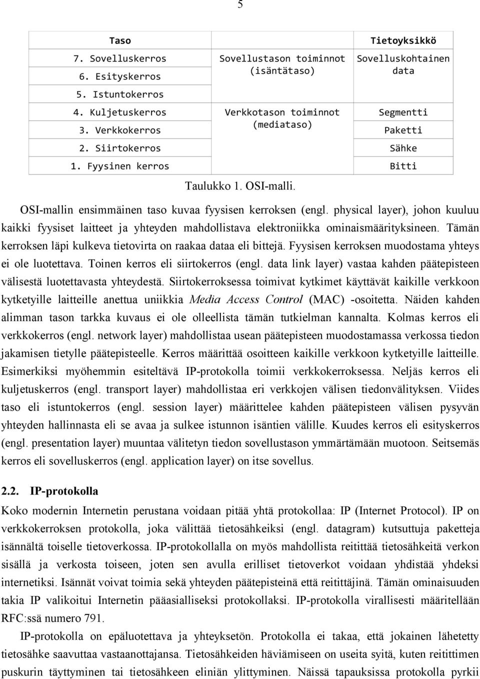 physical layer), johon kuuluu kaikki fyysiset laitteet ja yhteyden mahdollistava elektroniikka ominaismäärityksineen. Tämän kerroksen läpi kulkeva tietovirta on raakaa dataa eli bittejä.