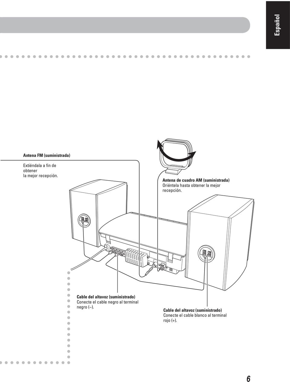 Cable del altavoz (suministrado) Conecte el cable negro al terminal negro ( ).