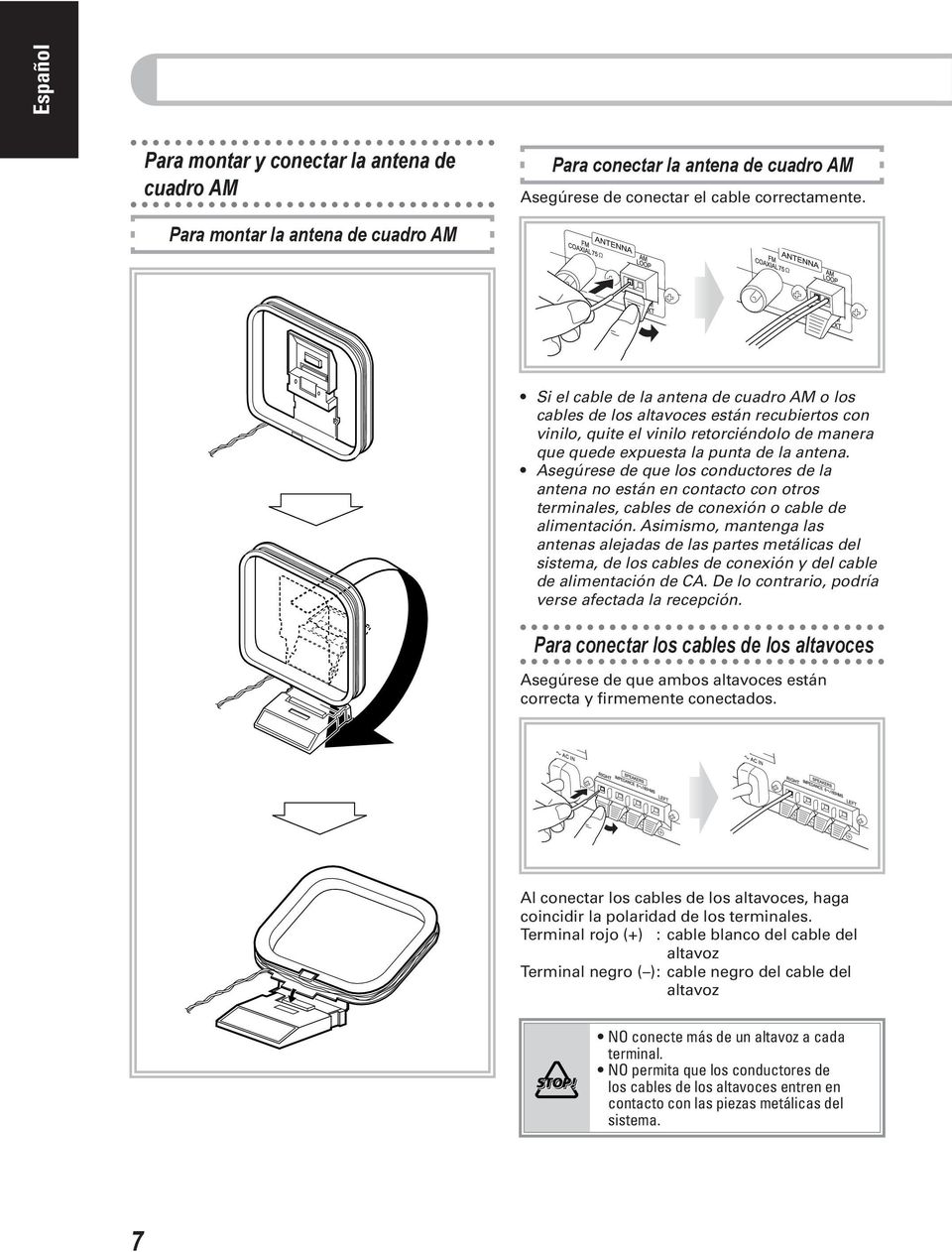 punta de la antena. Asegúrese de que los conductores de la antena no están en contacto con otros terminales, cables de conexión o cable de alimentación.