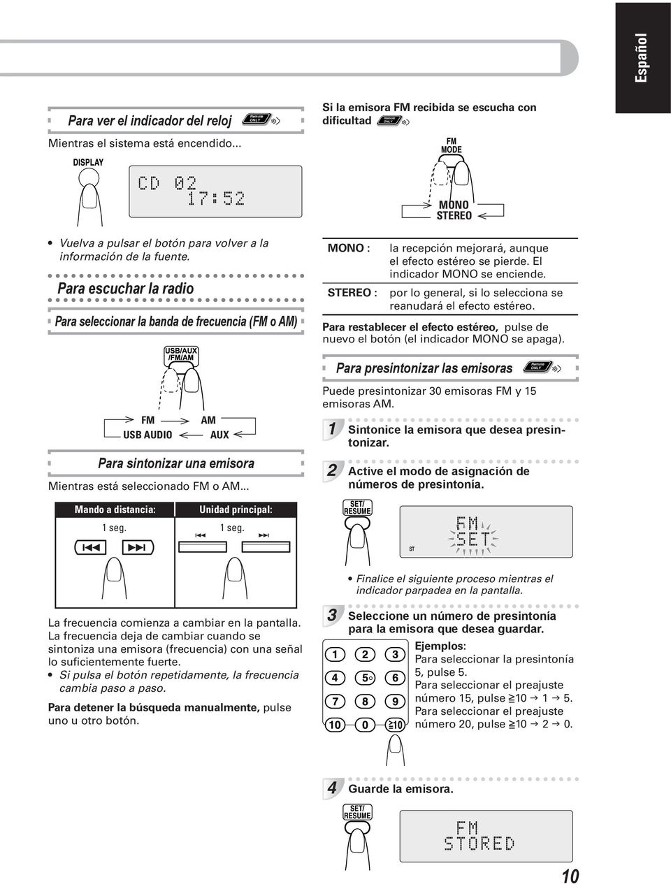 Para escuchar la radio Para seleccionar la banda de frecuencia (FM o AM) MONO : STEREO : la recepción mejorará, aunque el efecto estéreo se pierde. El indicador MONO se enciende.