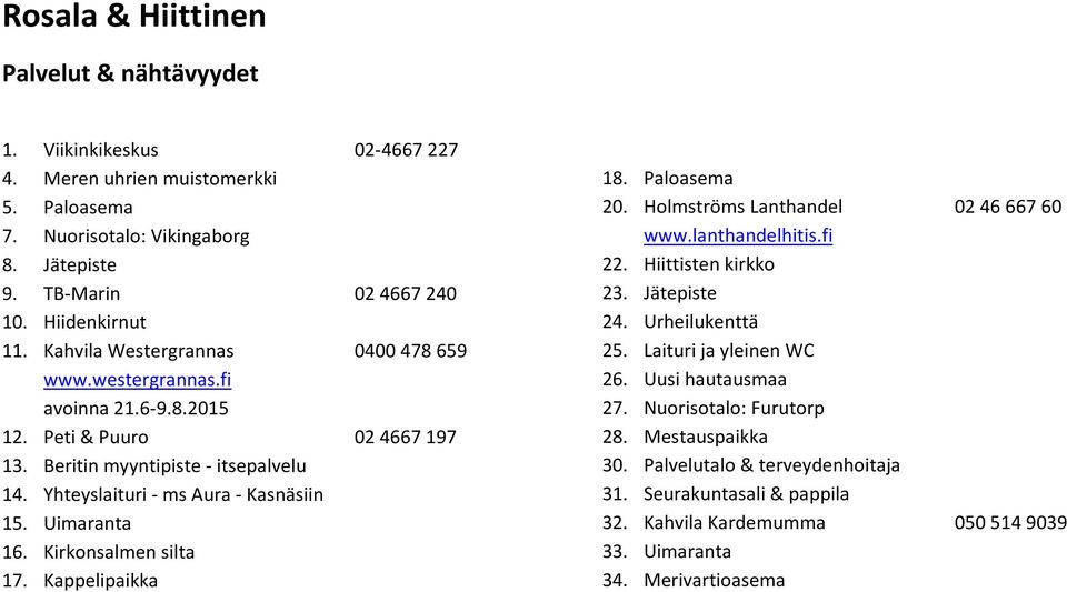 Uimaranta 16. Kirkonsalmen silta 17. Kappelipaikka 18. Paloasema 20. Holmströms Lanthandel 02 46 667 60 www.lanthandelhitis.fi 22. Hiittisten kirkko 23. Jätepiste 24. Urheilukenttä 25.