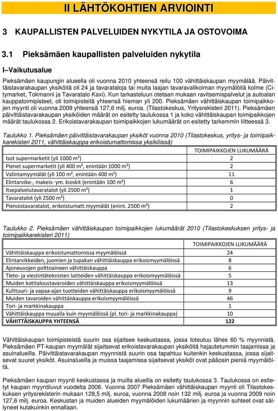 Päivittäistavarakaupan yksiköitä oli 24 ja tavarataloja tai muita laajan tavaravalikoiman myymälöitä kolme (Citymarket, Tokmanni ja Tavaratalo Kaxi).