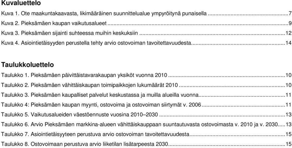 Pieksämäen päivittäistavarakaupan yksiköt vuonna 2010... 10 Taulukko 2. Pieksämäen vähittäiskaupan toimipaikkojen lukumäärät 2010... 10 Taulukko 3.