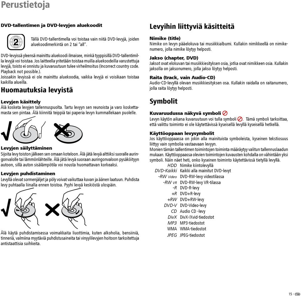 Jos laitteella yritetään toistaa muilla aluekoodeilla varustettuja levyjä, toisto ei onnistu ja kuvaruutuun tulee virheilmoitus (Incorrect country code. Playback not possible.).