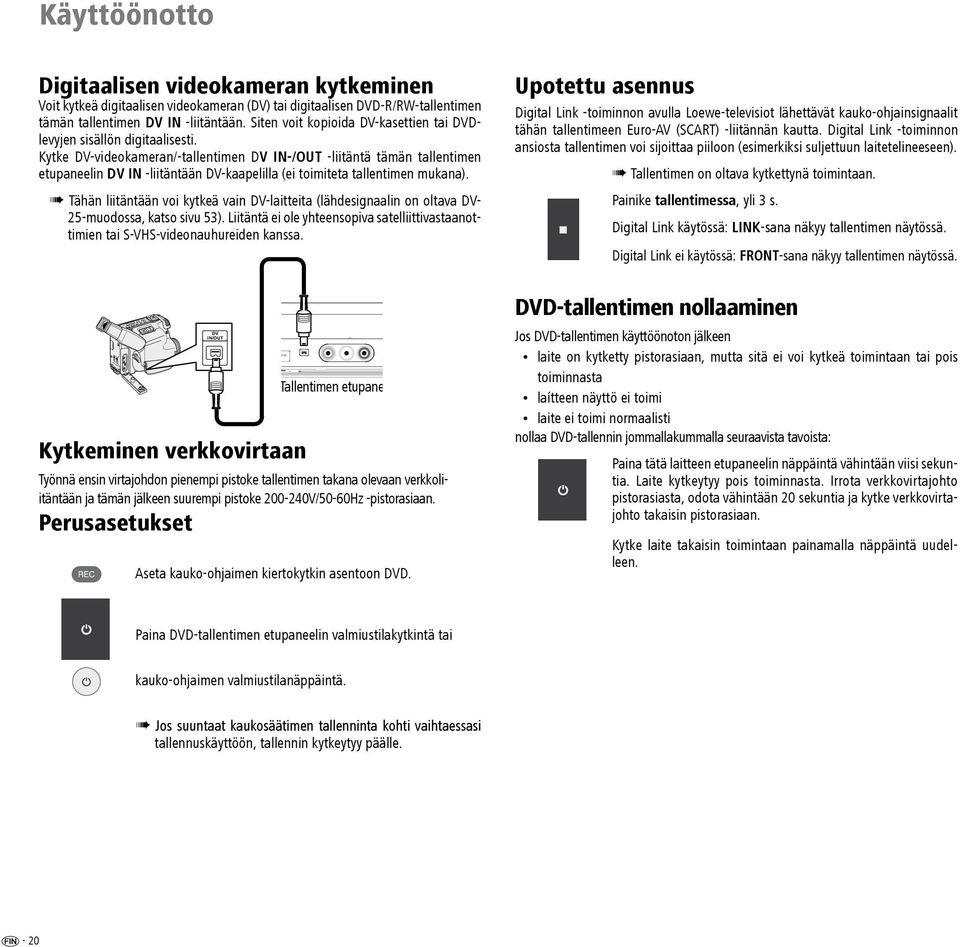 Kytke DV-videokameran/-tallentimen DV IN-/OUT -liitäntä tämän tallentimen etupaneelin DV IN -liitäntään DV-kaapelilla (ei toimiteta tallentimen mukana).