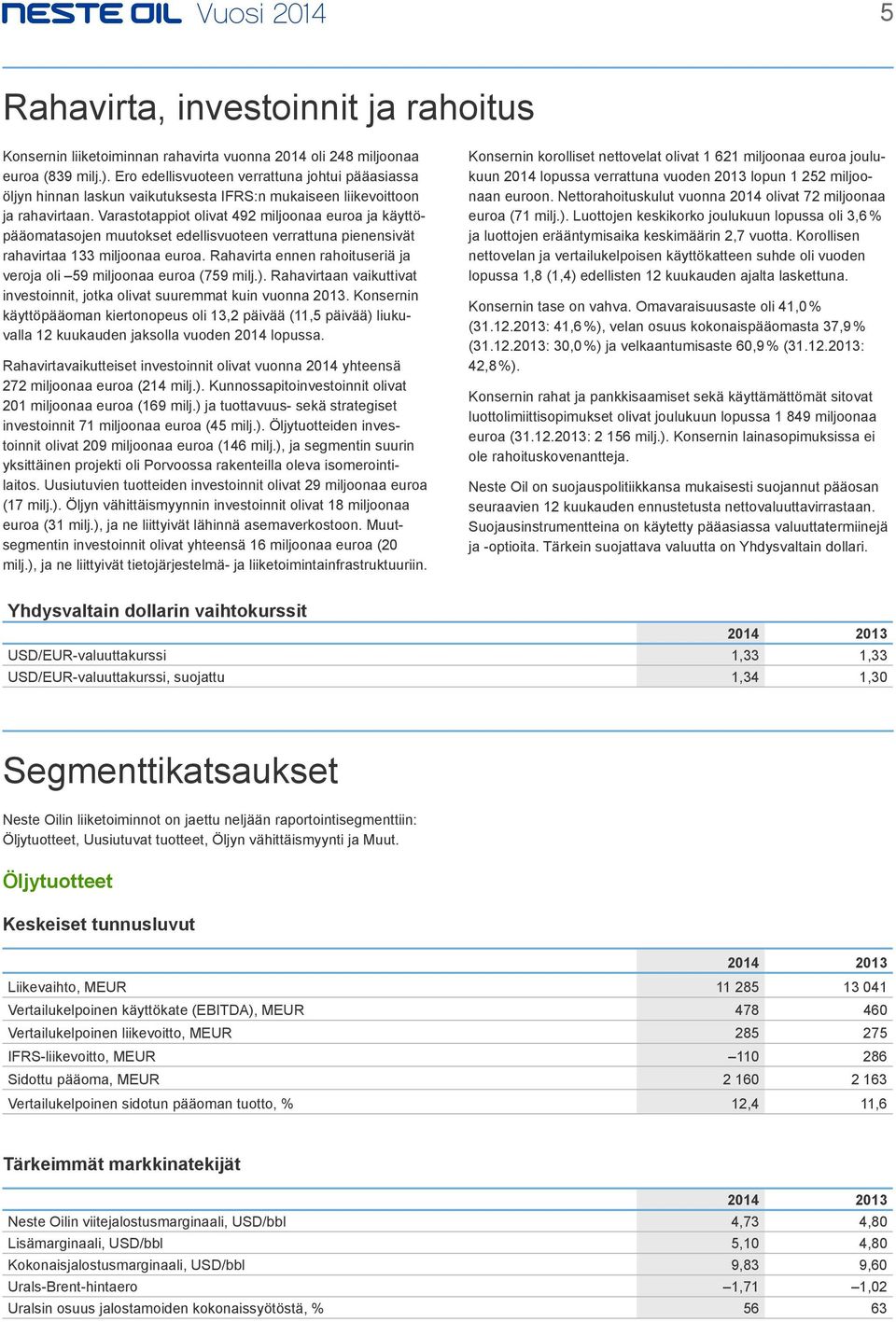 Varastotappiot olivat 492 miljoonaa euroa ja käyttöpääomatasojen muutokset edellisvuoteen verrattuna pienensivät rahavirtaa 133 miljoonaa euroa.