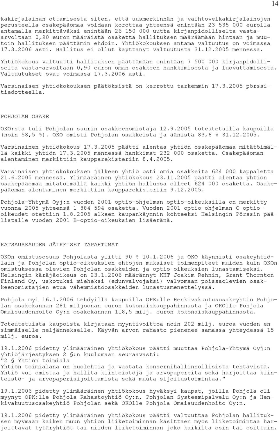 2006 asti. Hallitus ei ollut käyttänyt valtuutusta 31.12.2005 mennessä.