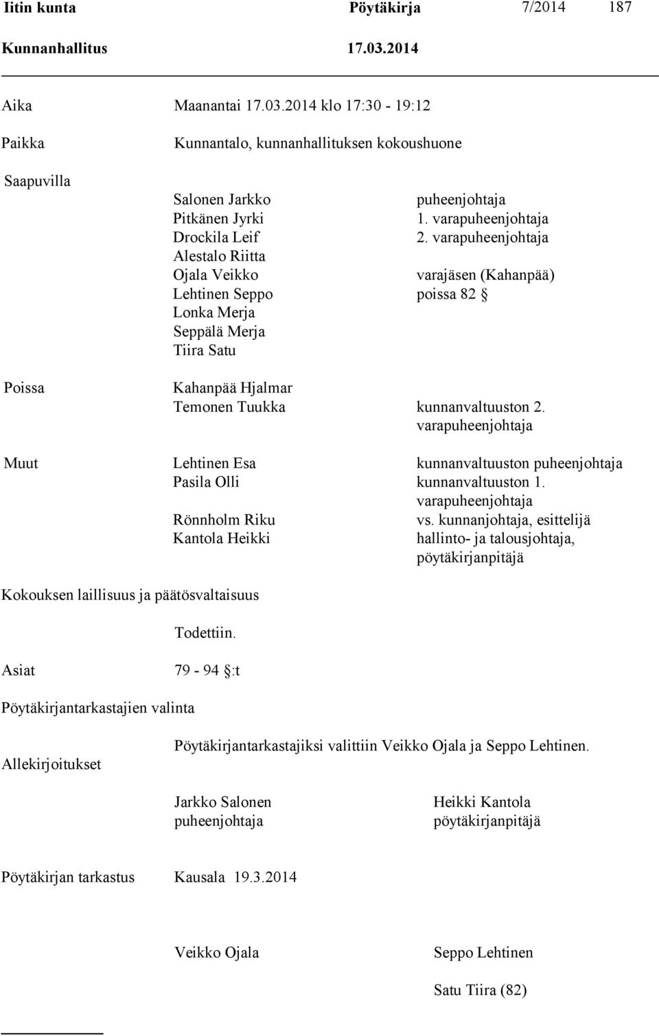 varapuheenjohtaja Alestalo Riitta Ojala Veikko varajäsen (Kahanpää) Lehtinen Seppo poissa 82 Lonka Merja Seppälä Merja Tiira Satu Kahanpää Hjalmar Temonen Tuukka kunnanvaltuuston 2.