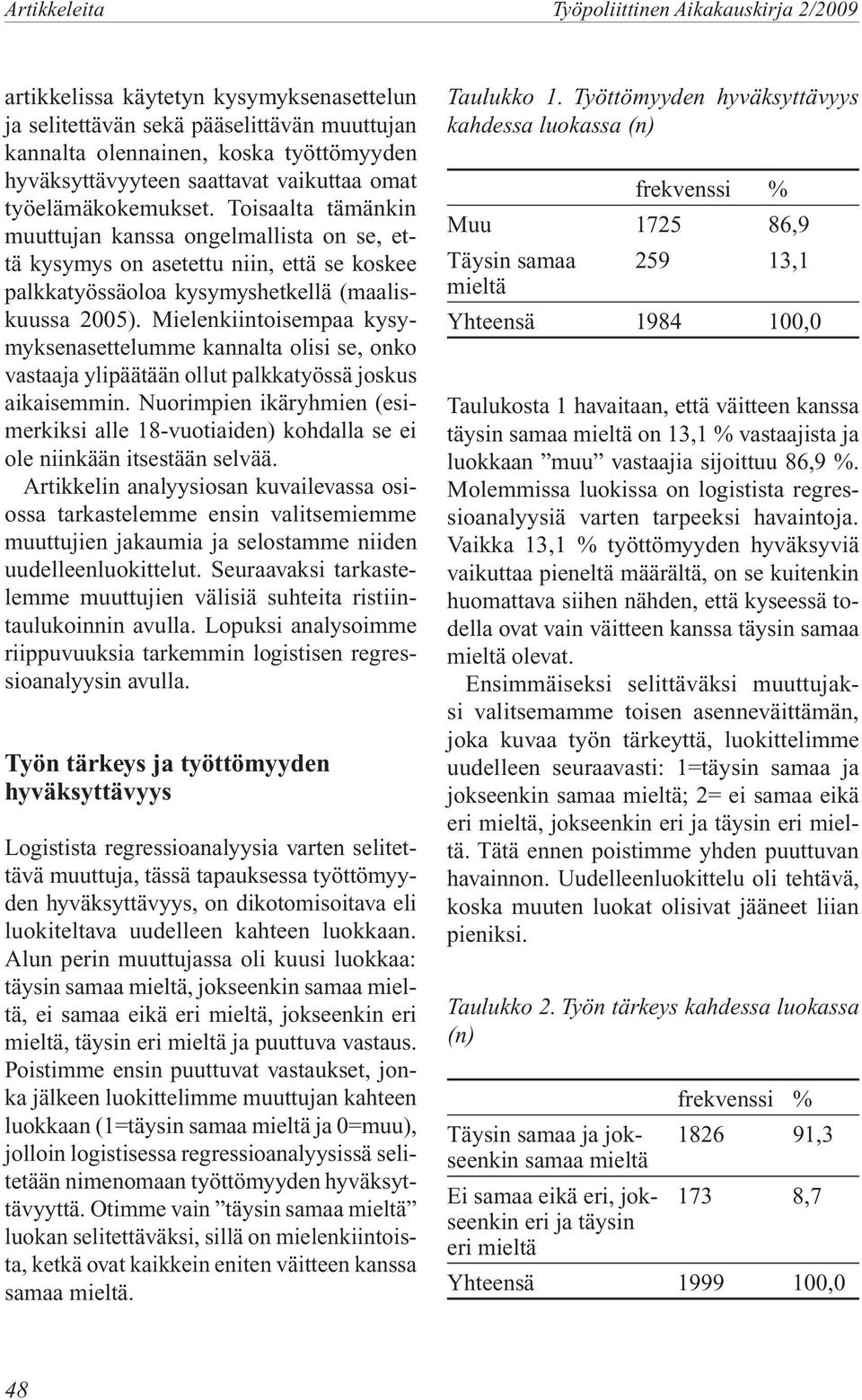 Toisaalta tämänkin muuttujan kanssa ongelmallista on se, että kysymys on asetettu niin, että se koskee palkkatyössäoloa kysymyshetkellä (maaliskuussa 2005).