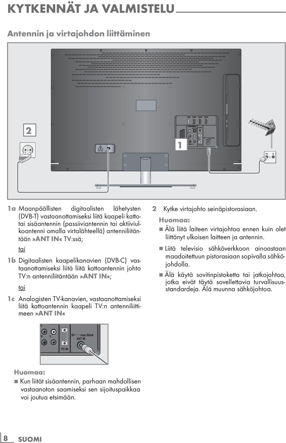 vastaanottamiseksi liitä liitä kattoantennin johto TV:n antenniliitäntään»ant IN«; tai 1c Analogisten TV-kanavien, vastaanottamiseksi liitä kattoantennin kaapeli TV:n antenniliittimeen»ant IN«2 Kytke